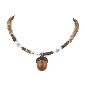 Natural Wenge Wood Pendants Necklaces, Synthetic Turquoise and Synthetic Magnesite Beads Necklaces