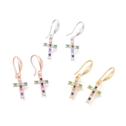 Brass Micro Pave Cubic Zirconia Dangle Earrings, Cross