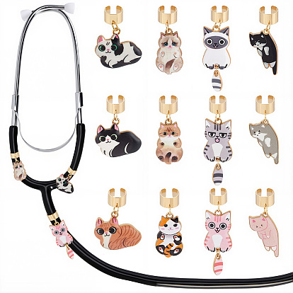 12pcs 12 styles décorations pendentif stéthoscope chat en alliage émaillé, avec 304 accessoires en acier inoxydable