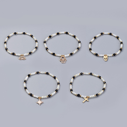 Electroplate Glass Beads Charm Bracelets, with Natural Black Agate and Brass Findings, Cardboard Box
, Mixed Shapes