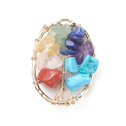Gemstone Copper Wire Wrapped Chips Pendants, Synthetic Howlite, Natural Red Jasper & Aventurine & Lapis Lazuli & Rose Quartz & Amethyst & Citrine, Golden, Oval with Tree