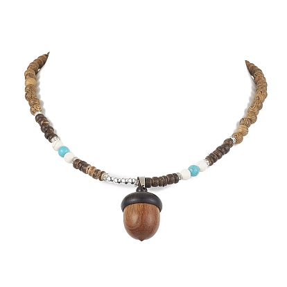 Natural Wenge Wood Pendant Necklacess, Synthetic Turquoise and Synthetic Magnesite Beads Necklacess