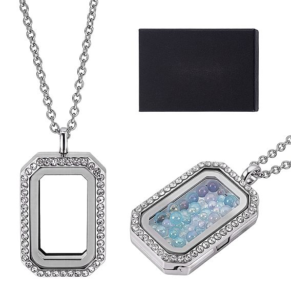 1Pc 304 Stainless Steel Necklace, with 1Pc Rectangle Alloy Crystal Rhinestone Photo Frame Locket Pendants, 1Pc Cardboard Necklaces Boxes, 1pc Suede Fabric Silver Polishing Cloth