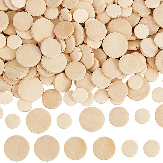210Pcs 3 Styles Wooden Beads, Undyed, Flat Round