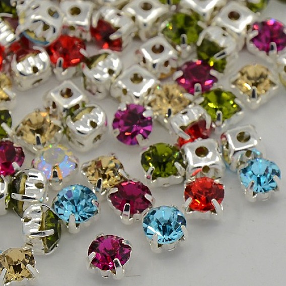 Sew on Rhinestone, Grade A Glass Rhinestone, with Brass Prong Settings, Garments Accessories, Silver Color Plated