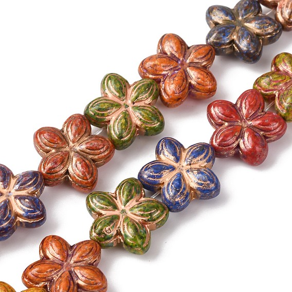 Painted Glass Beads Strands, Golden Metal Enlaced, Flower