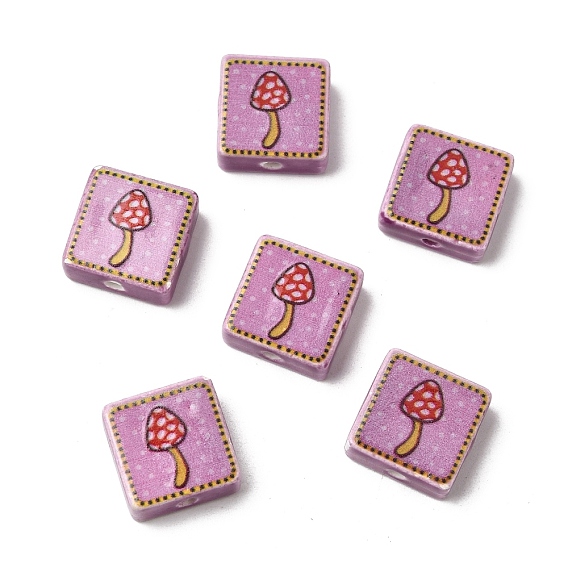 Handmade Lampwork Beads, Square with Mushroom