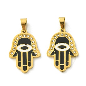 Ion Plating(IP) 304 Stainless Steel Pendants, with Enamel and Rhinestone, Real 18K Gold Plated, Hamsa Hand with Eye Charm