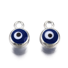 Alloy Enamel Charms, Cadmium Free & Nickel Free & Lead Free, Antique Silver, Flat Round with Evil Eye