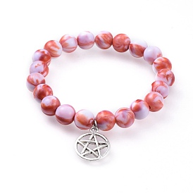 Stretch Pentacle Charm Bracelets, with Acrylic Beads and Tibetan Style Alloy Pendant, Flat Round with Star