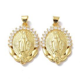 Brass Micro Pave Clear Cubic Zirconia Pendants, Long-Lasting Plated, Oval with Virgin Pattern