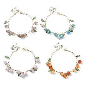 4Pcs 4 Style Natural Mixed Stone Beads & Acrylic Leaf Charm Bracelets Set, with Real 18K Gold Plated Brass Bar Link Chains