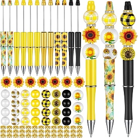 Sunflower Theme Plastic Ball-Point Pen, Beadable Pen, for DIY Personalized Pen with Silicone Round & Rhinestones Beads