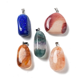 Natural Gemstone Pendants, Nuggets Charms with Stainless Steel Color Plated 201 Stainless Steel Snap on Bails