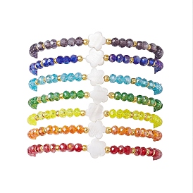 7Pcs 7 Colors Flower Natural Shell & Glass & Seed Beaded Stretch Bracelets Set, Stackable Bracelets
