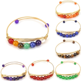 Bracelet manchette en perles rondes en pierre naturelle mélangée, bracelets en fil de laiton doré