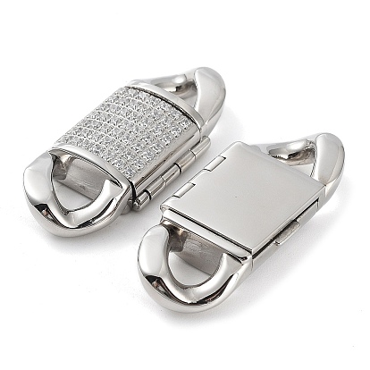 304 Stainless Steel Fold Over Clasps, with Micro Pave Clear Cubic Zirconia, Rectangle