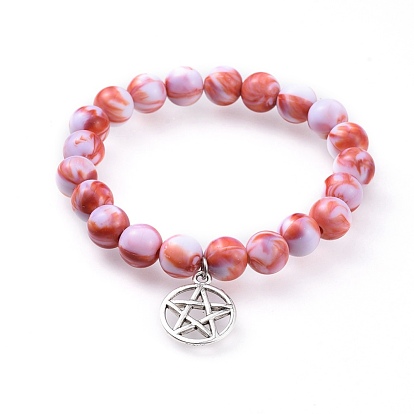 Stretch Pentacle Charm Bracelets, with Acrylic Beads and Tibetan Style Alloy Pendant, Flat Round with Star
