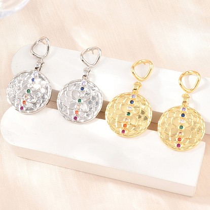 Brass Micro Pave Colorful Cubic Zirconia Dangle Hoop Earrings, Flat Round with Chakra, Lead Free & Cadmium Free, Long-Lasting Plated, Rack Plating