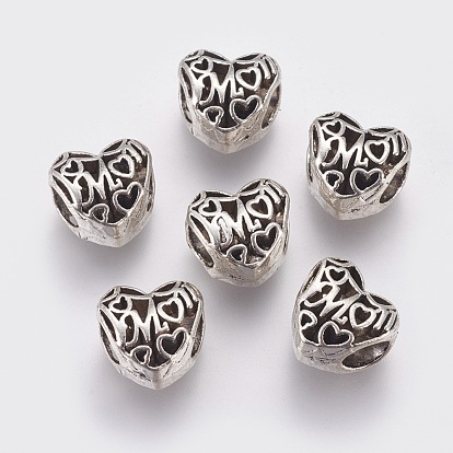 Mother's Day Theme, Alloy European Style Beads, Large Hole Beads, Hollow Heart with Word Mom