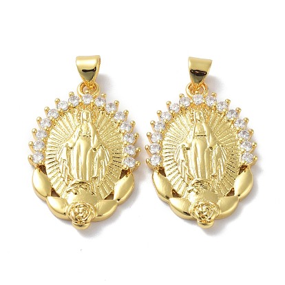 Brass Micro Pave Clear Cubic Zirconia Pendants, Long-Lasting Plated, Oval with Virgin Pattern