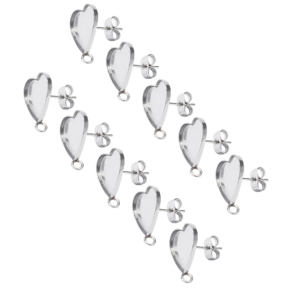 304 Stainless Steel Stud Earring Settings, with Loop & Ear Nuts, Earring Backs, Heart