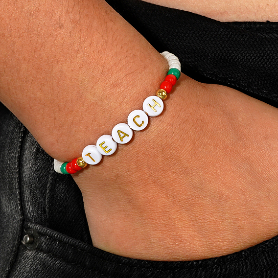 День учителя круглые бусины ракушки эластичные браслеты для мужчин и женщин, яблоко и слово учить, с полимерной глиной и поздравительной открыткой