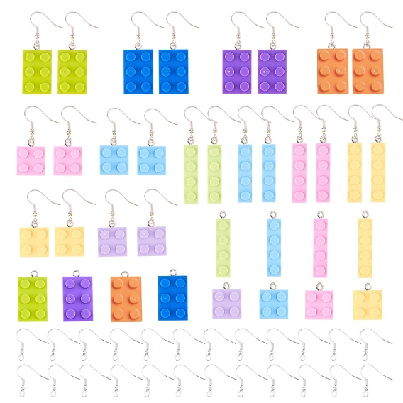 DIY Dangle Earring Making Kits, Plastic Building Blocks Pendants and Platinum Plated Brass Earring Hooks