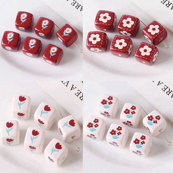 Opaque Printed Acrylic Beads, Cube with Flower Pattern