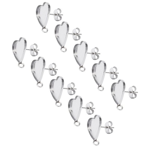 304 Stainless Steel Stud Earring Settings, with Loop & Ear Nuts, Earring Backs, Heart