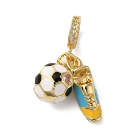 Rack Plating Brass Enamel European Dangle Charms, Football & Shoes Large Hole Pendants with Clear Cubic Zirconia, Real 18K Gold Plated, Cadmium Free & Lead Free, Long-Lasting Plated