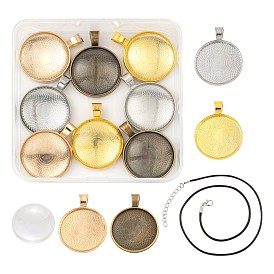 DIY Necklace Making Kits, Including 8Pcs 4 Colors Flat Round Alloy Pendant Cabochon Settings, 10Pcs Glass Cabochons and 8pcs Waxed Cord