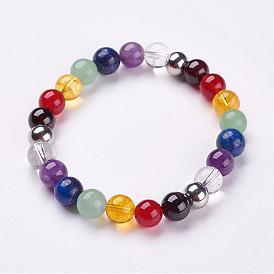 Bracelets pierre extensibles mixtes naturels, Avec 304 perles d'entretoise en rondelle en acier inoxydable