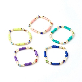 Handmade Polymer Clay Stretch Bracelets, with Millefiori Glass & Pearl & Brass Beads
