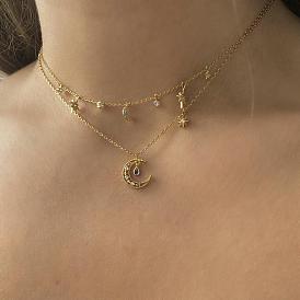 Fashionable Copper Plated Gold Necklace with Stars and Moon Pendant - Autumn Accessory.