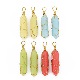 Synthetic Fluorite Double Terminated Pointed Pendants, with Golden Tone Brass Wire Wrapped, Bullet