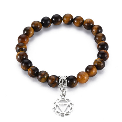 Natural Gemstone Beaded Stretch Bracelets, 7 Chakra Alloy Charm Bracelets for Girl Women