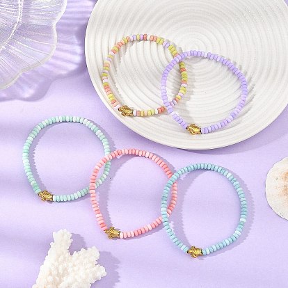 Ocean 304 Stainless Steel Sea Turtle & Ombre Effect Dyed Glass Rondelle Beaded Stretch Bracelets, Golden