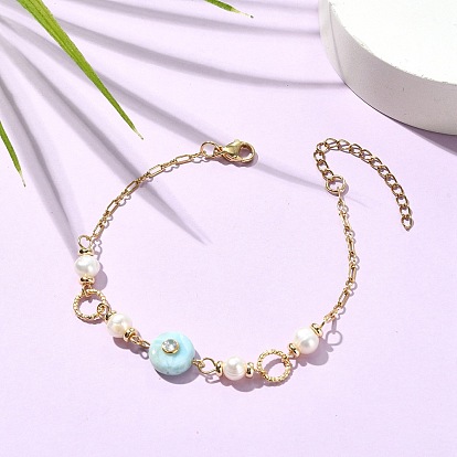 Natural Larimar Coin & Potato Cultured Freshwater Pearl Beaded Chain Bracelets for Women
