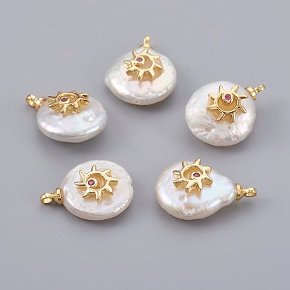 Natural Cultured Freshwater Pearl Pendants, with Cubic Zirconia and Brass Findings, Long-Lasting Plated, Sun, Real 18K Gold Plated