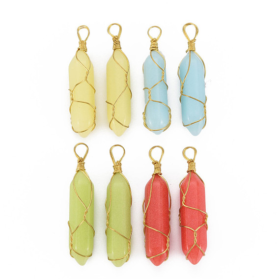 Synthetic Fluorite Double Terminated Pointed Pendants, with Golden Tone Brass Wire Wrapped, Bullet