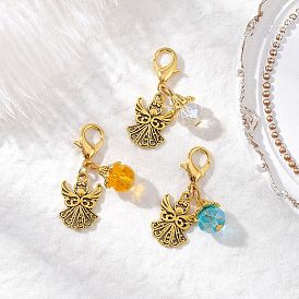 3 шт. подвесные украшения в виде ангела из сплава в тибетском стиле, со стеклянными подвесками и застежками-лобстерами из цинкового сплава