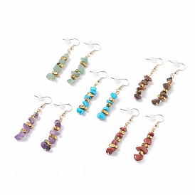 Gemstone Chips Beaded Dangle Earrings, Brass Drop Earrings for Women, Golden
