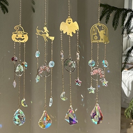 Halloween Brass Hanging Ornaments, Glass Charm and Gemstone Chip Tree of Life Suncatchers for Home Outdoor Decoration