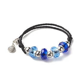 Faceted Glass European Beads Cord Bracelet, Shell Charm Adjustable Bracelet for Teen Girl Women, Antique Silver