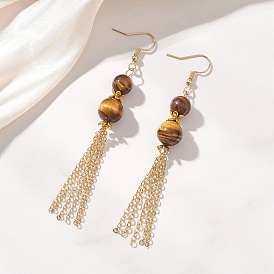 Серьги-подвески из тигрового глаза, круглые, с латунными цепочками и кисточкой