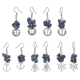 Alloy Dangle Earrings with 304 Stainless Steel Pins, Natural Lapis Lazuli Chips Cluster Earrings