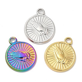 Ion Plating(IP) 304 Stainless Steel Pendants, Flat Round with Praying Hands Charm
