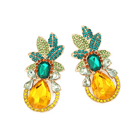 Sparkling Pineapple Earrings with Colorful Gems - Fashionable Alloy Fruit Ear Studs for Women