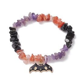 Natural South Red Agate & Amethyst & Obsidian Chips Beaded Stretch Bracelets, Halloween Bat Alloy Enamel Charm Bracelets